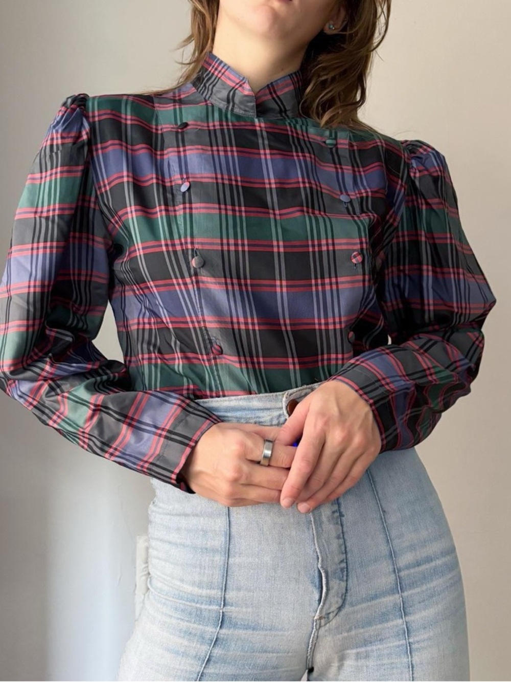 Vintage 80s Vivienne Westwood vibes plaid double breasted button blouse